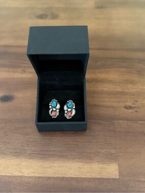 Sterling Silver Turquoise & Coral Stone Earrings - Vintage
